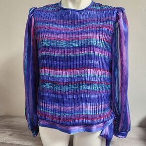 Vintage Lisa Michaels Purple Teal Top Size 10 Sheer Sleeve‎ Grunge Tie Waist 80s